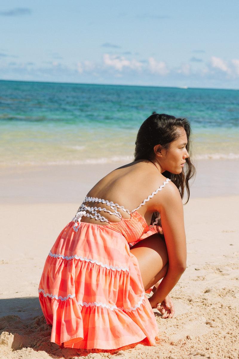 Sundress TEA SHORT DRESS BIG GINGHAM NEON CORAL