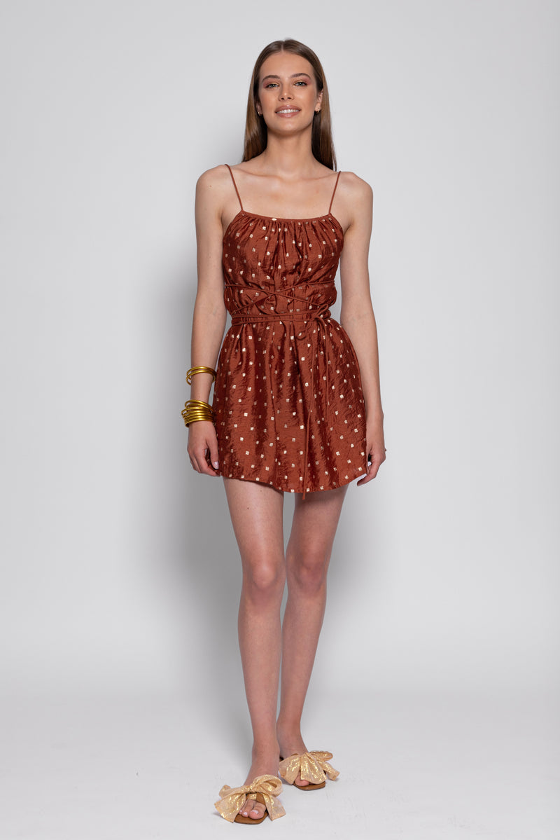 sundress VANILLE SHORT DRESS TANZANIA BROWN AND GOLD
