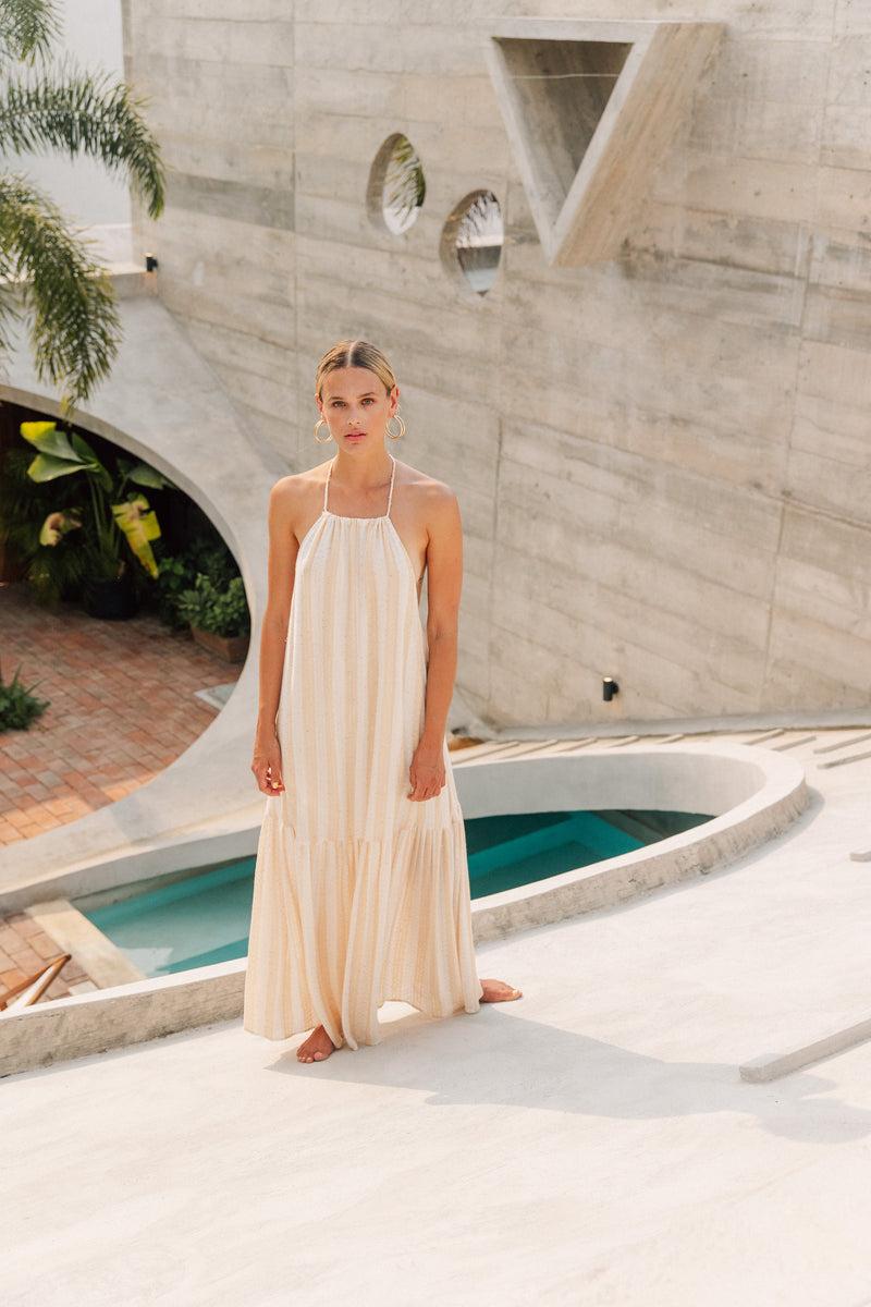 Sundress ZAHARA LONG DRESS SAINT BARTH STRIPES OFF WHITE AND BEIGE