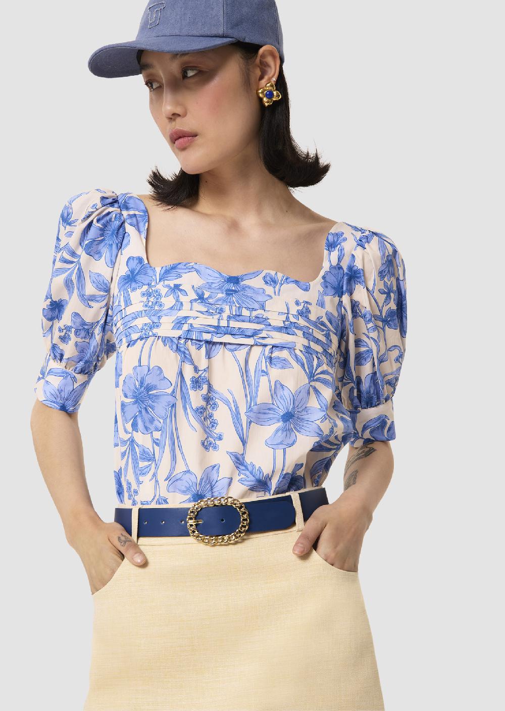 tara jarmon Top Talmaécru imprimé fleurs bleues