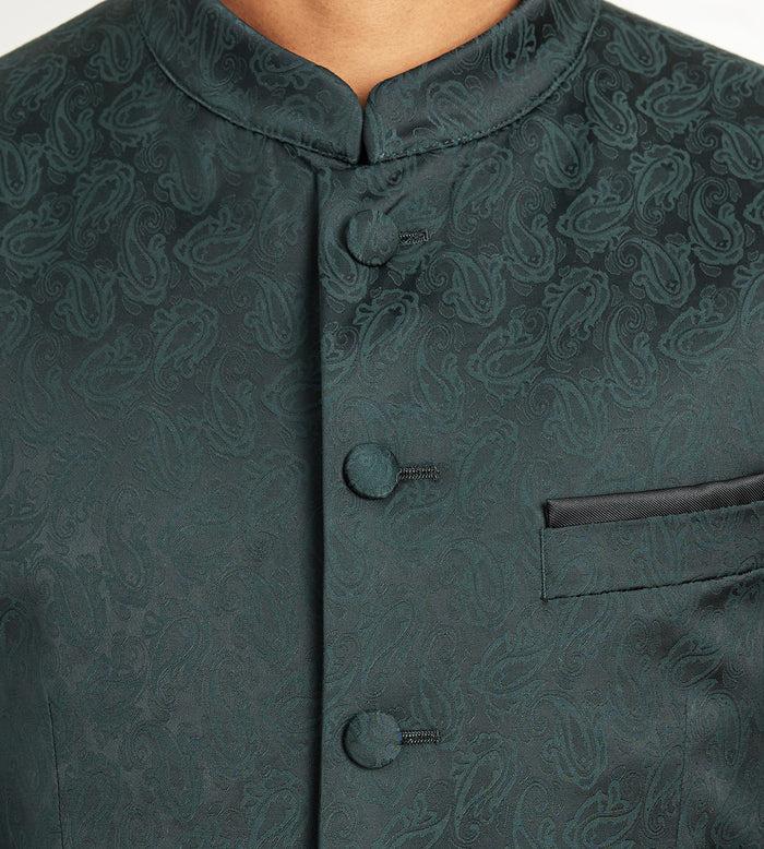 Tip Top Modern Fit Forest Green Jacquard Nehru Suit