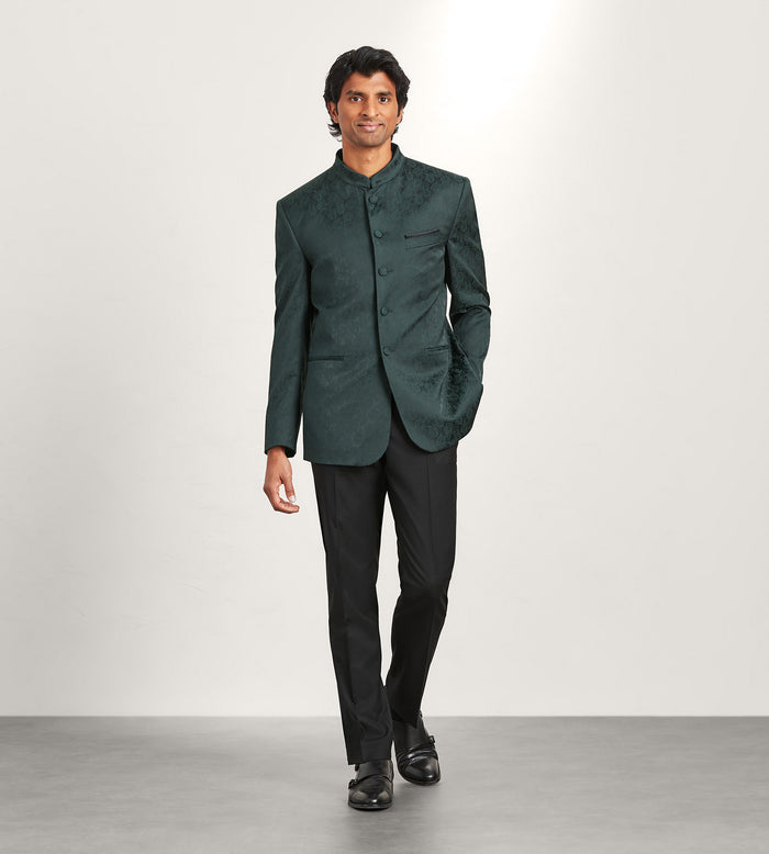 Tip Top Modern Fit Forest Green Jacquard Nehru Suit