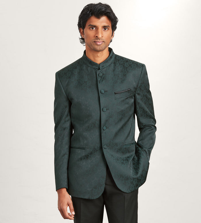 tip top Modern Fit Forest Green Jacquard Nehru Suit