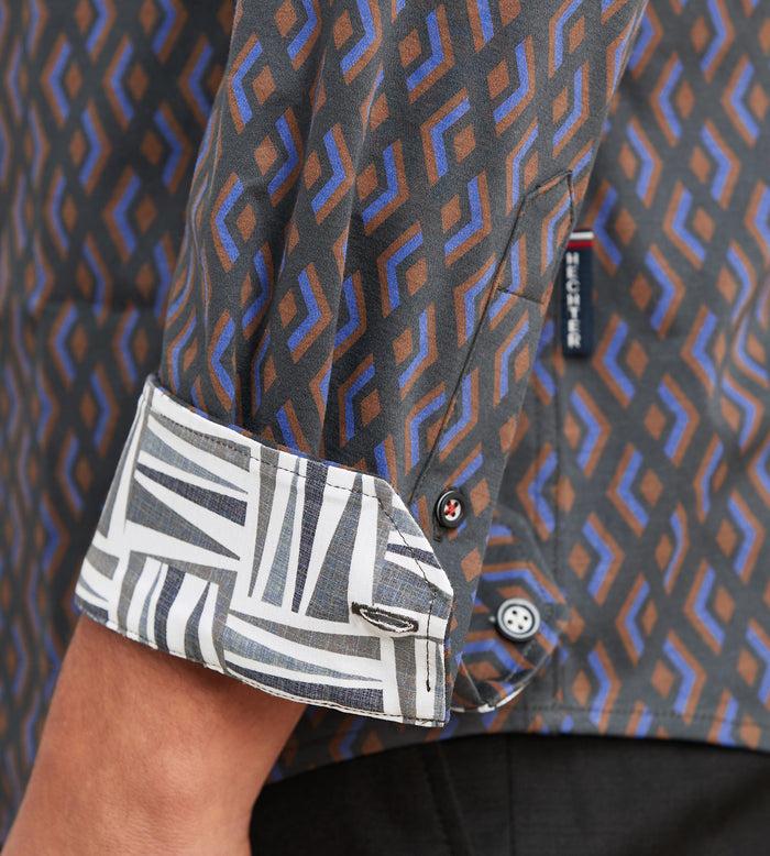 Tip Top Modern Fit Long Sleeve Geo Pattern 360 Stretch Casual Shirt