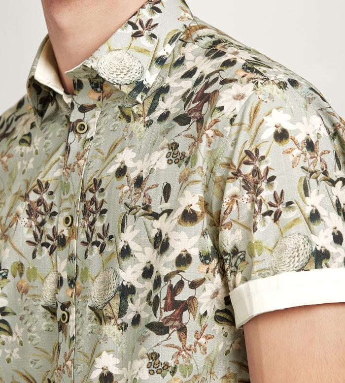 Tip Top Modern Fit Short Sleeve Linen Like Floral Pattern Casual Shirt