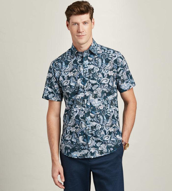 tip top Modern Fit Short Sleeve Linen Like Floral Pattern Casual Shirt