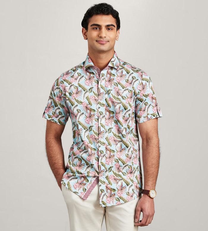 tip top Modern Fit Short Sleeve Tropical Pattern Casual Shirt
