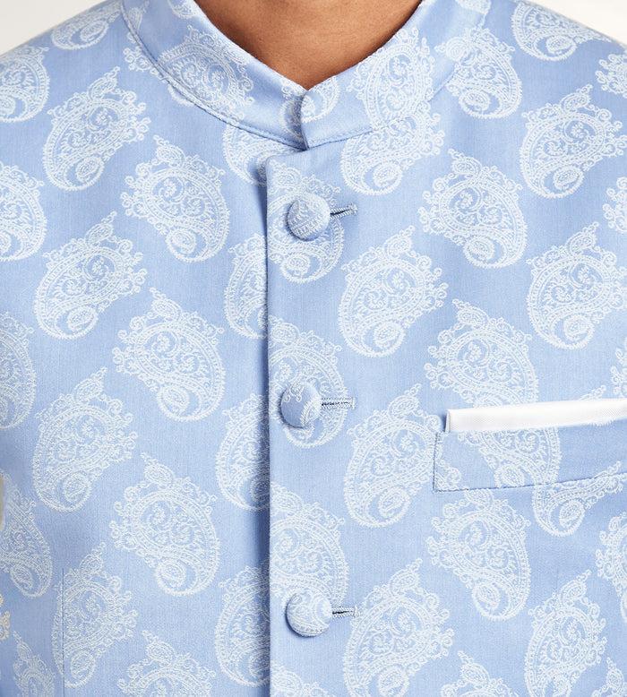 Tip Top Modern Fit Blue Jacquard Nehru Suit