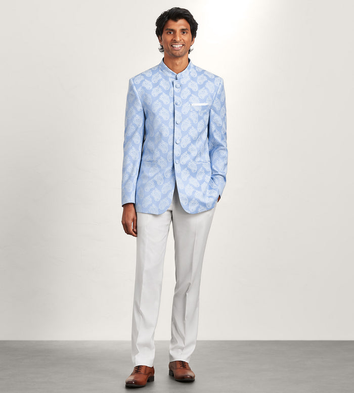 Tip Top Modern Fit Blue Jacquard Nehru Suit