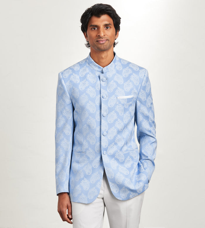 tip top Modern Fit Blue Jacquard Nehru Suit