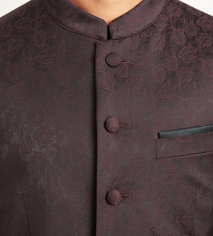 Tip Top Modern Fit Burgundy Jacquard Nehru Suit