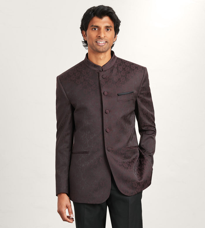 tip top Modern Fit Burgundy Jacquard Nehru Suit