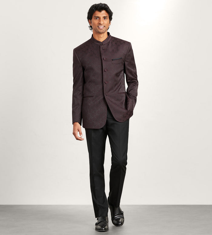 Tip Top Modern Fit Burgundy Jacquard Nehru Suit