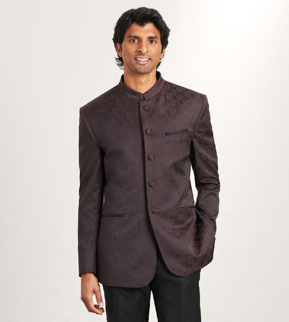 Tip Top Modern Fit Burgundy Jacquard Nehru Suit