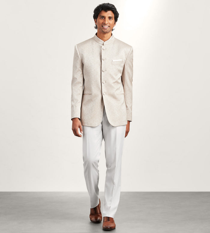 Tip Top Modern Fit Ivory Jacquard Nehru Suit