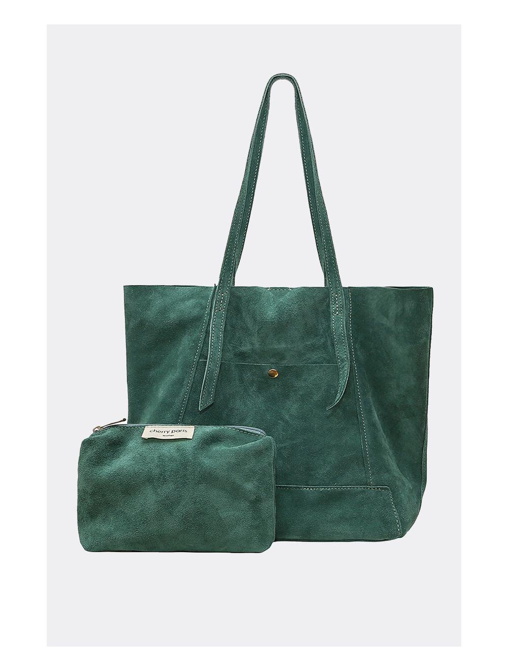 tom&eva 2 Pieces Set Sac Cabas en Croûte de Cuir Vachette Suède-NESRINE 4023-Vert