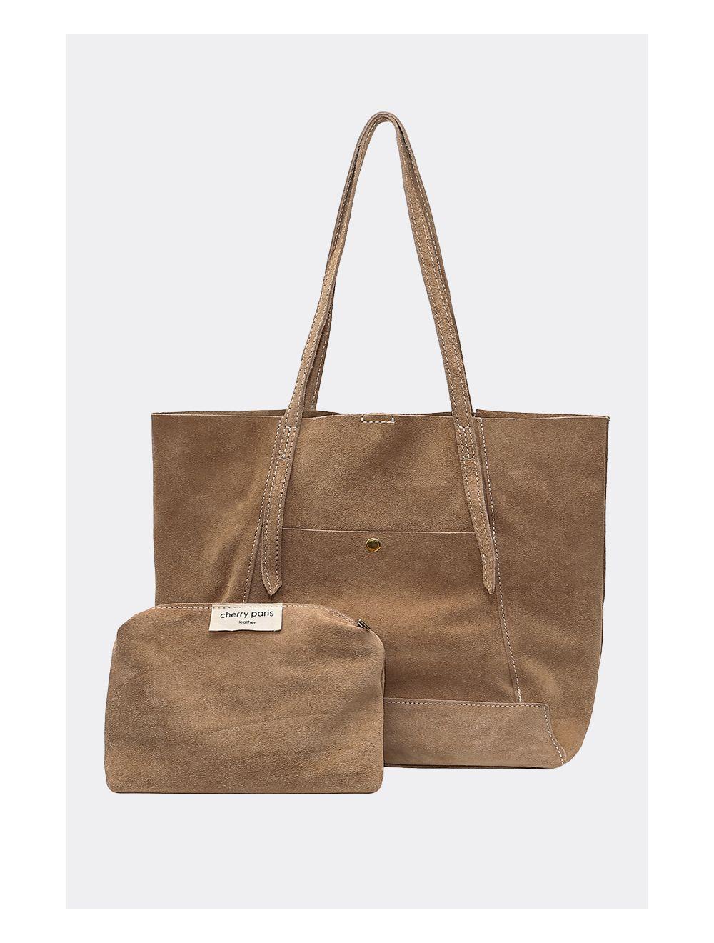 tom&eva 2 Pieces Set Sac Cabas en Croûte de Cuir Vachette Suède-NESRINE 4023-Beige
