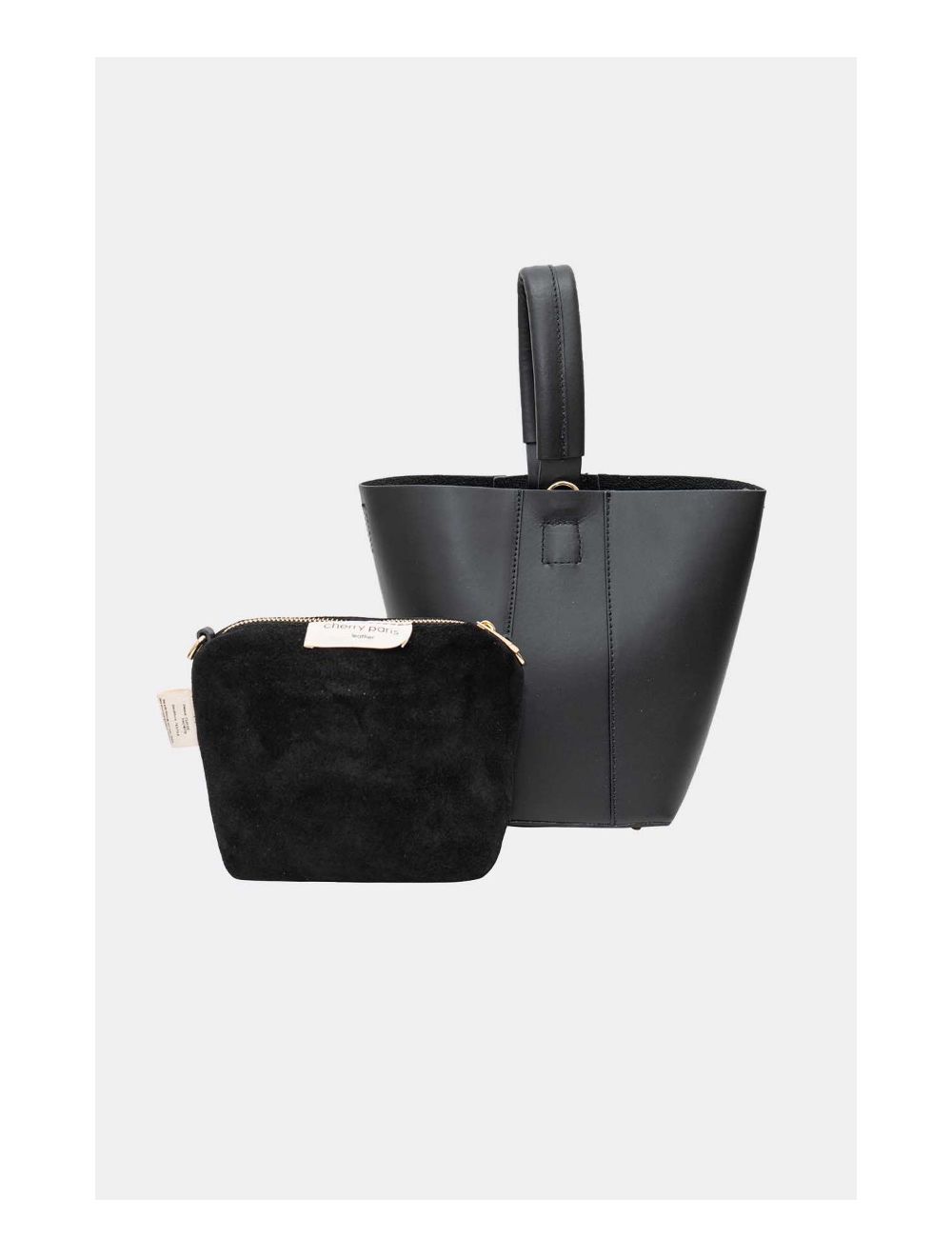 Tom&eva 2 Pièces Set Sac Seau En Cuir Vachette Lisse 4095 KATIA-Noir