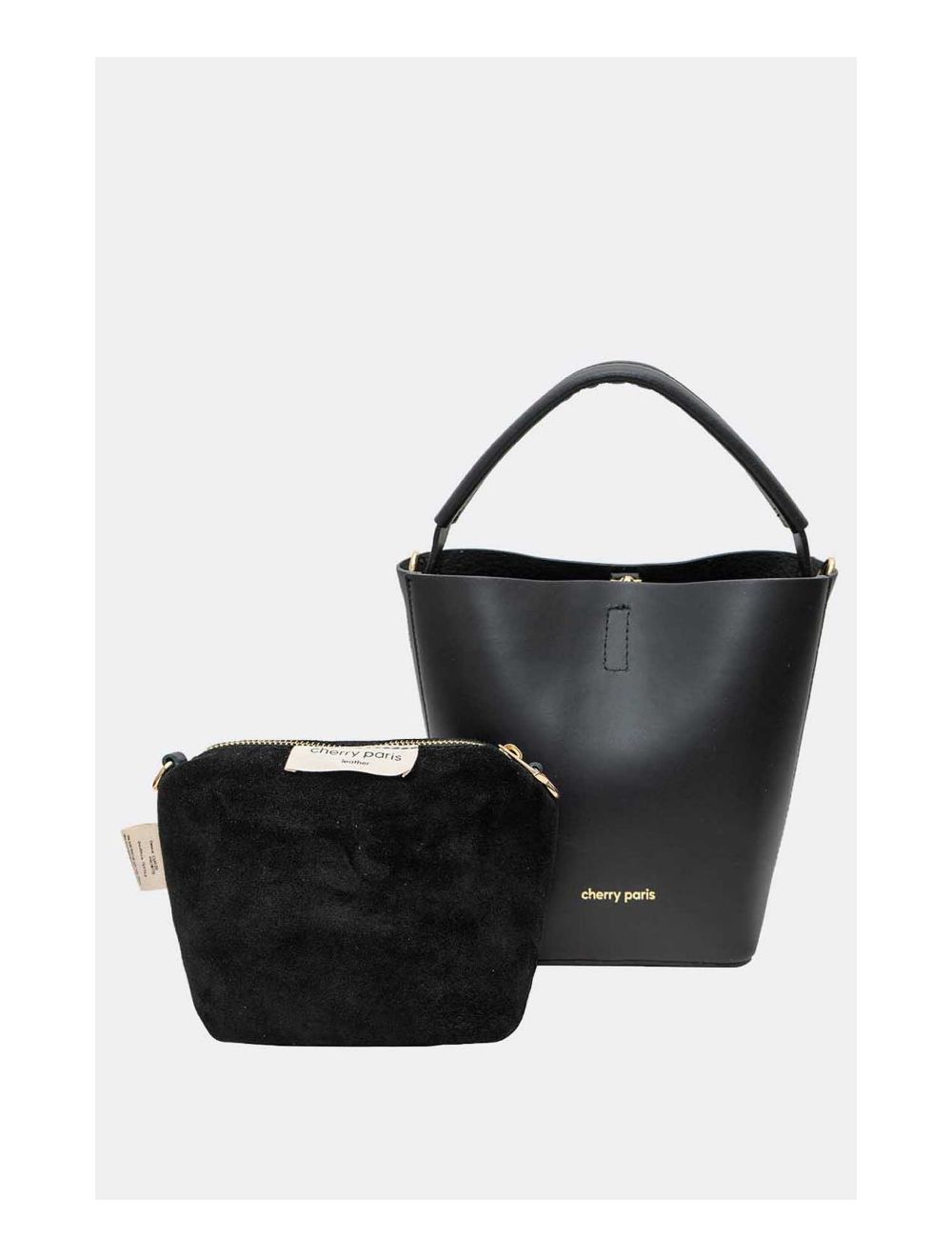tom&eva 2 Pièces Set Sac Seau En Cuir Vachette lisse 4095 KATIA-Noir