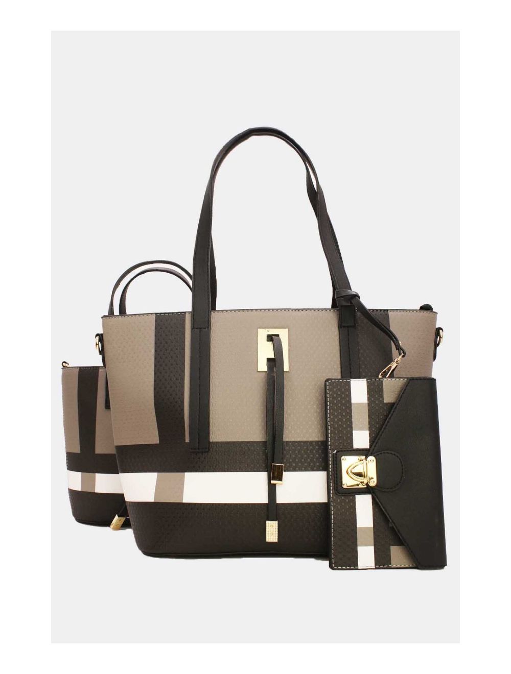 tom&eva 3 Pièce Set Sac Cabas Effet Cuir Pendentif 17E-1899-Noir