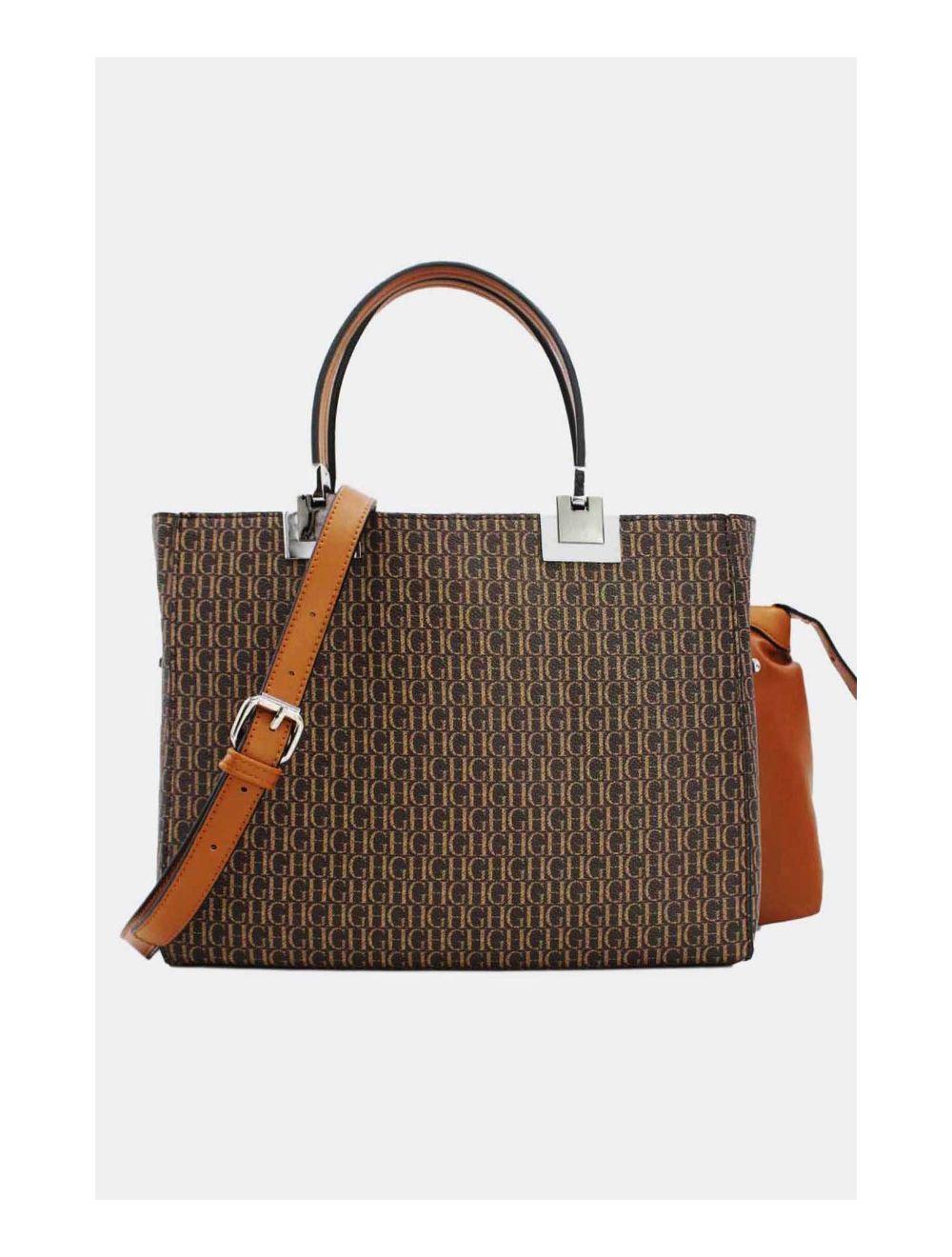 Tom&eva Ensemble Deux Pièce Set Sac à Main Effet Cuir Monogramme 9022-Café/Marron