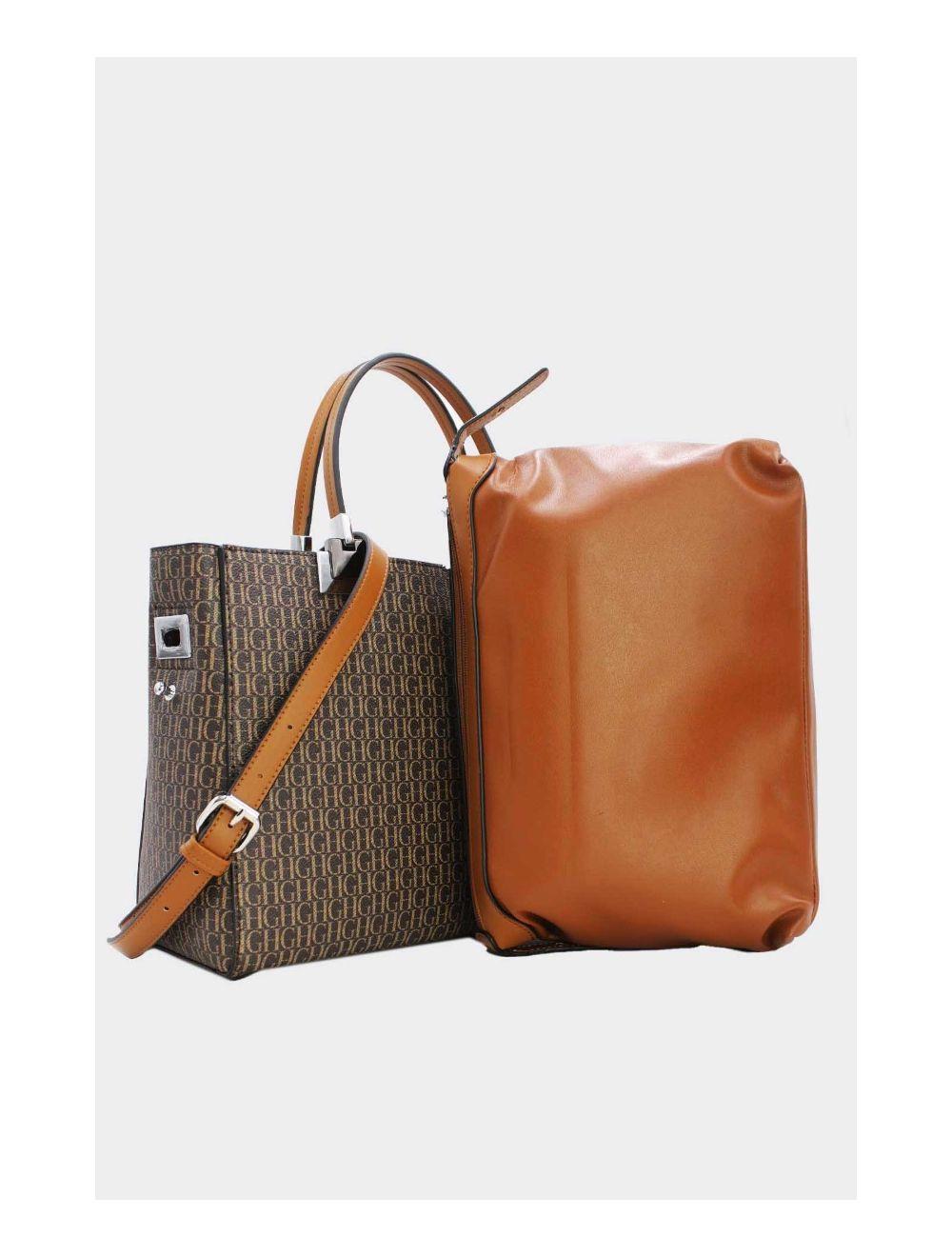 Tom&eva Ensemble Deux Pièce Set Sac à Main Effet Cuir Monogramme 9022-Café/Marron