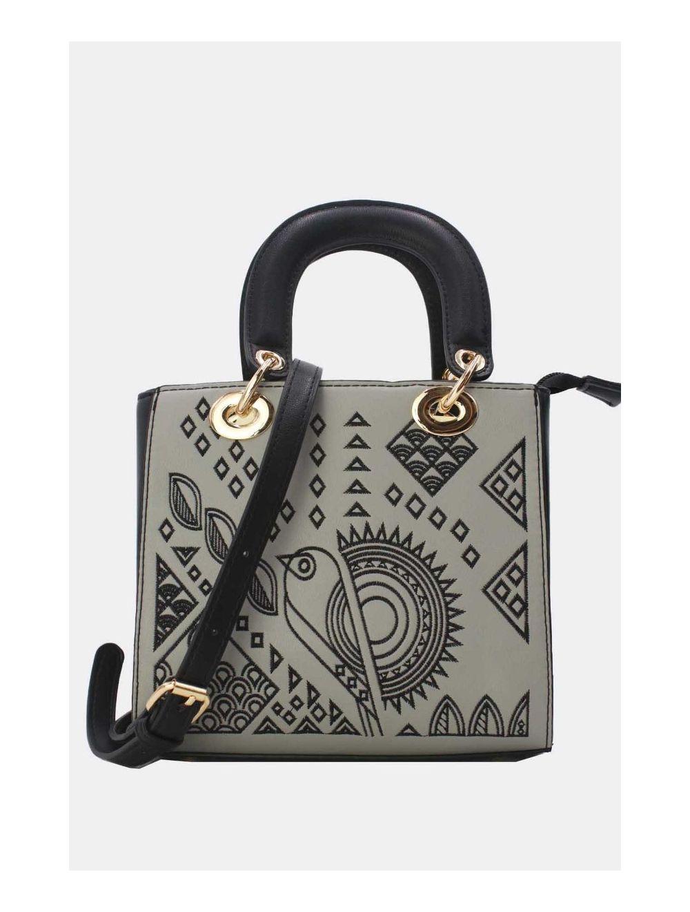 Tom&eva Medium Sac à Main Carré Brodé Ethnique Moderne 24P-5923-Black/Grey