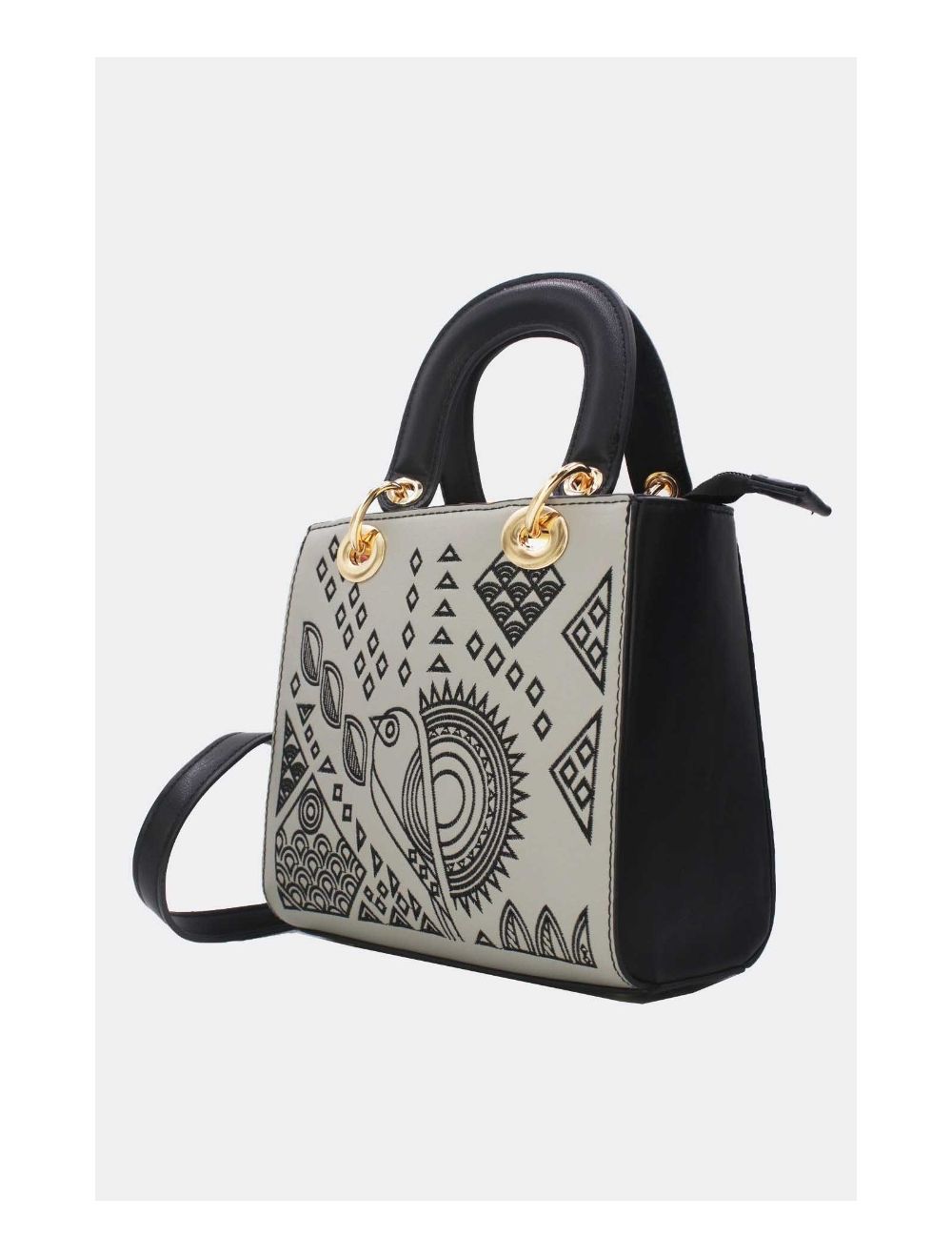 Tom&eva Medium Sac à Main Carré Brodé Ethnique Moderne 24P-5923-Black/Grey