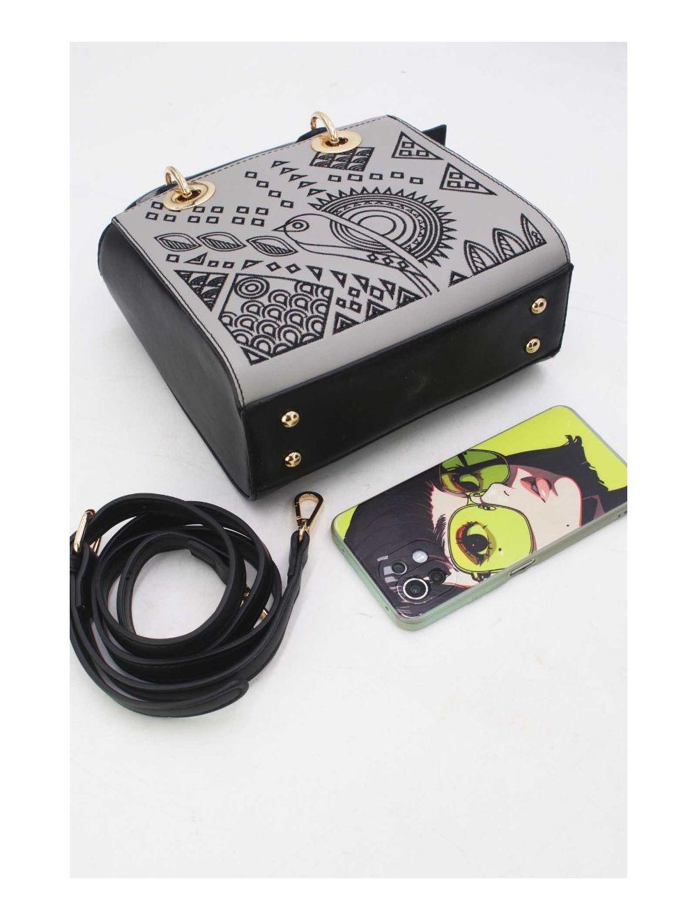 tom&eva Medium Sac à Main Carré Brodé Ethnique Moderne 24P-5923-Black/Grey