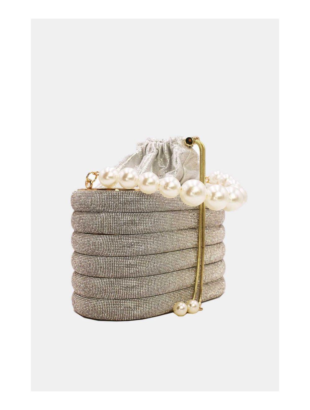 Tom&eva Petit Sac Seau Soirée Avec Strasse à Anse Perles-23P-5761-Silver