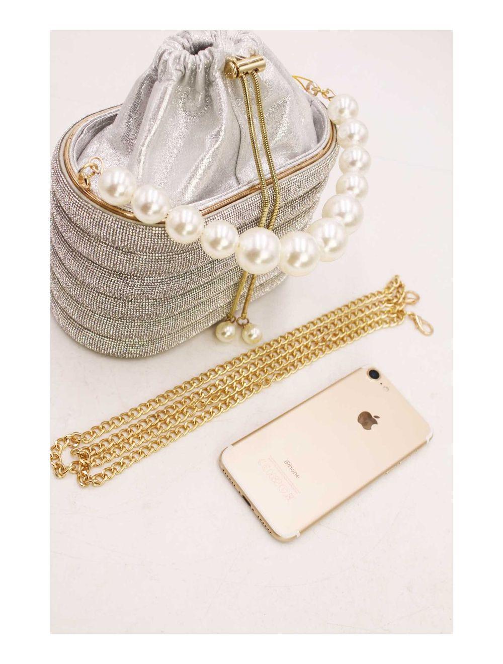 tom&eva Petit Sac Seau Soirée Avec Strasse à Anse Perles-23P-5761-Silver