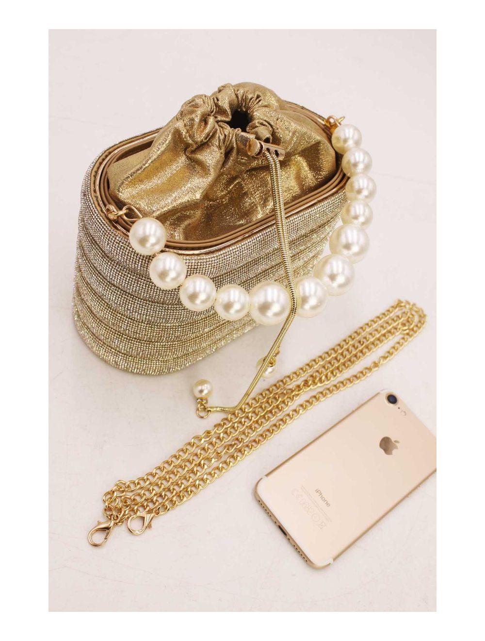 tom&eva Petit Sac Seau Soirée Avec Strasse à Anse Perles-23P-5761-Gold