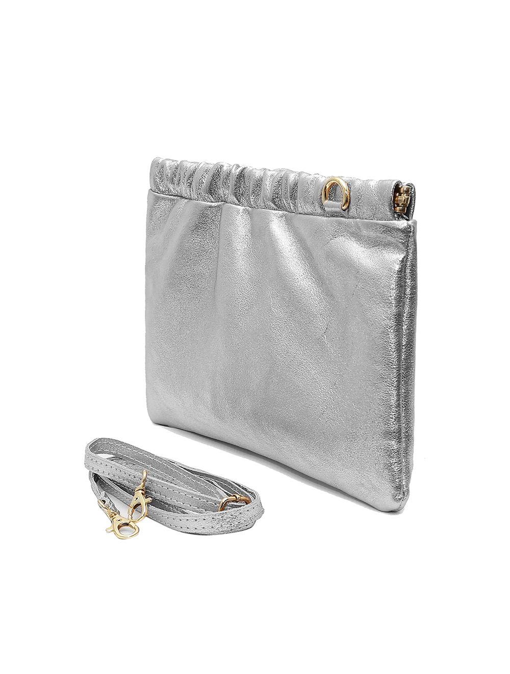 Tom&eva Pochette Porté Croisé En Croûte Cuir Vachette Suède Métal-JINANE METAL 4024B-Argent