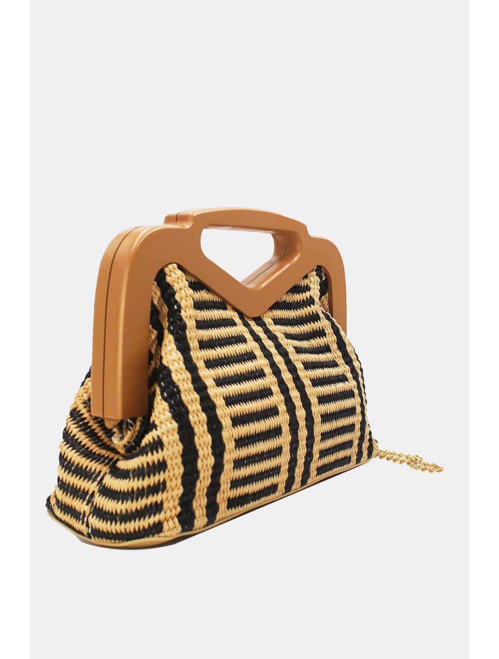 tom&eva Pochette Tressé Anse En Bois 23P-5768B-Black/Apricot