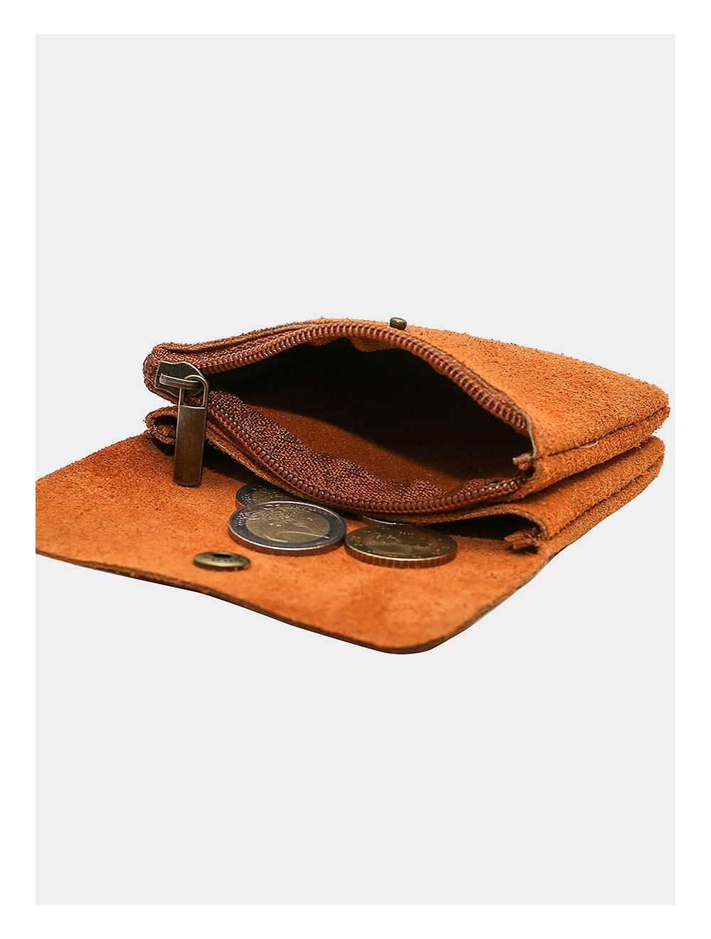 Tom&eva Porte-monnaie Avec Rabat Pression En Croûte De Cuir De Vachette Suède-LUCE 3998-Camel