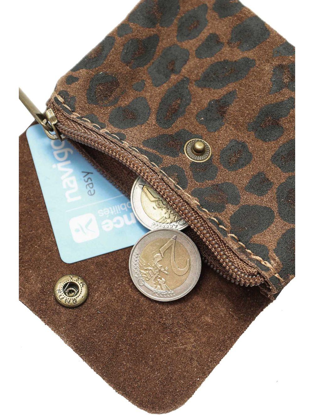 tom&eva Porte-monnaie En Croûte Cuir Vachette Suède-LUCE LEOPARD 3998C-MARRON