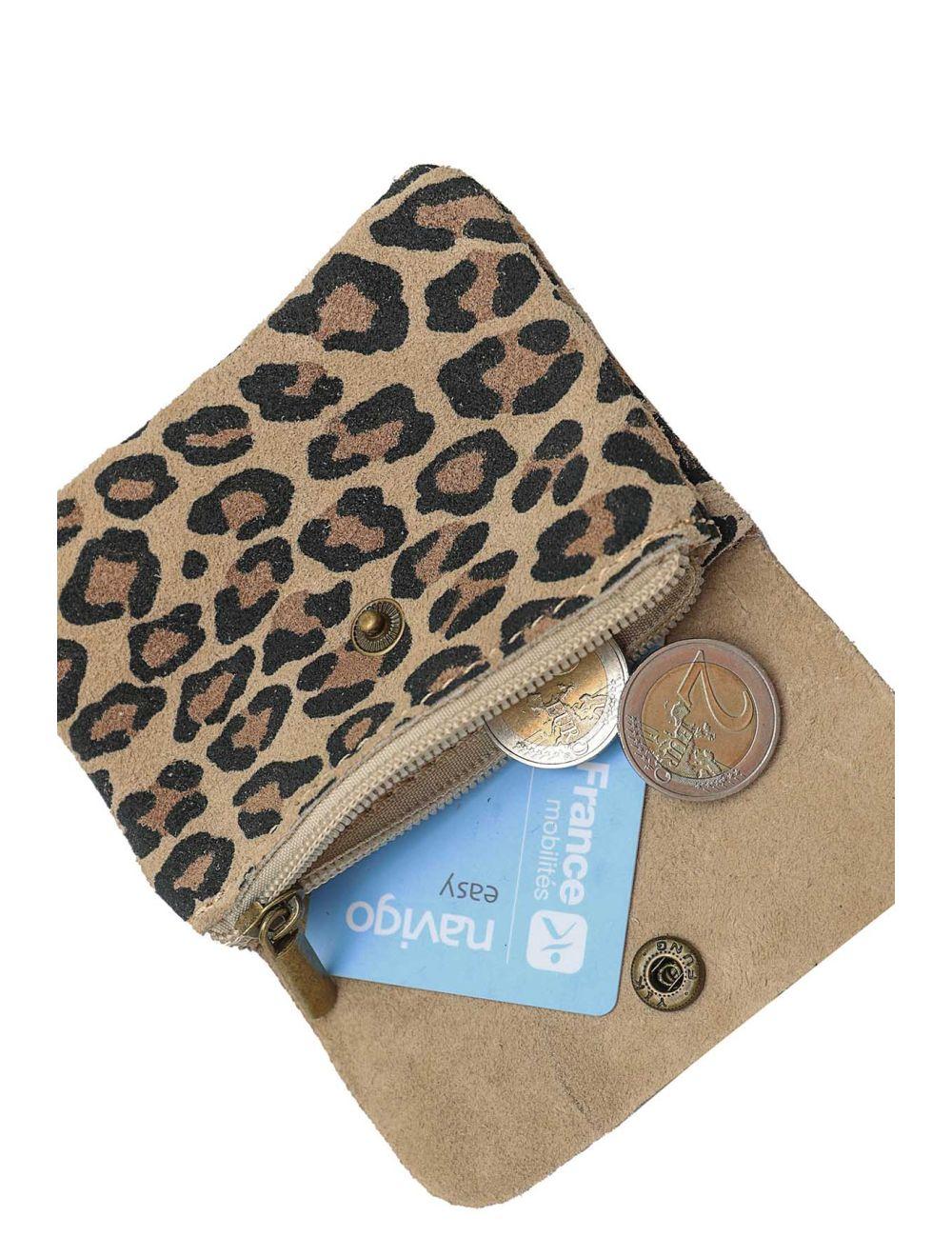 tom&eva Porte-monnaie En Croûte Cuir Vachette Suède-LUCE LEOPARD 3998C-TAUPE