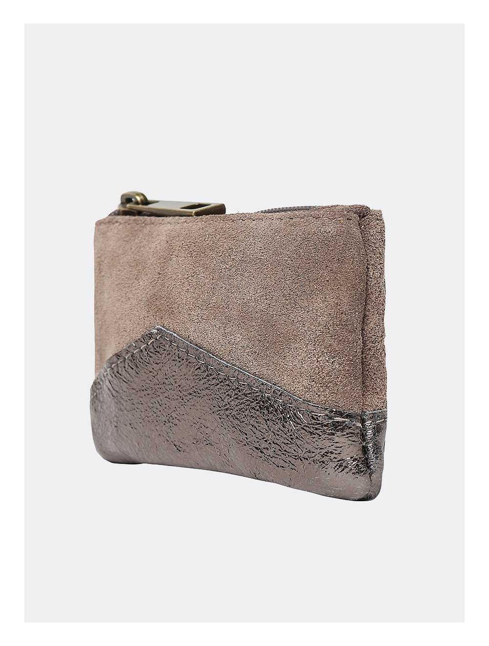 Tom&eva Porte-monnaie En Cuir De Vachette Suède Et Métalisée-ANNE 3995-TAUPE