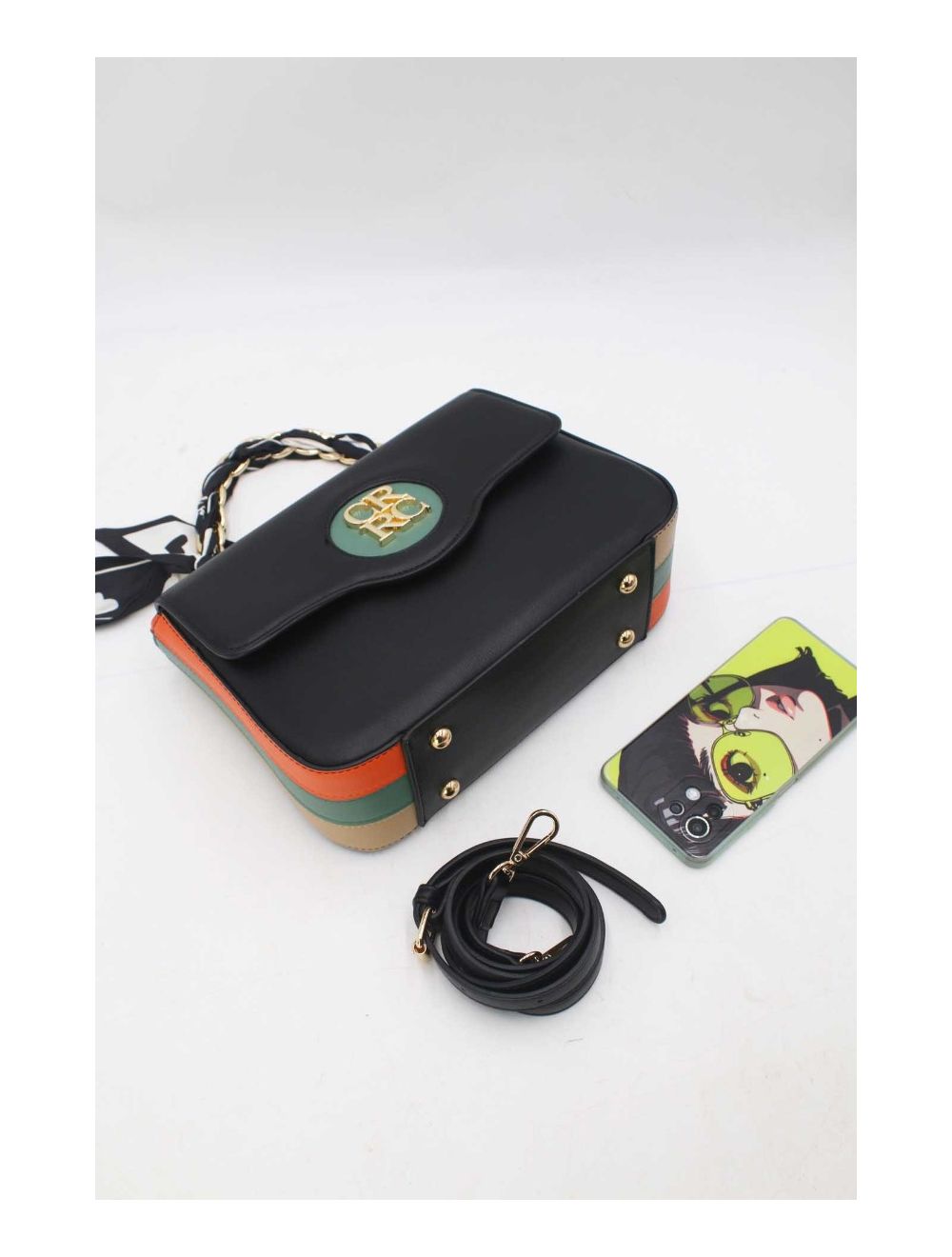 tom&eva Sac à Main Avec Bandeau de Soie 23B-5835-Noir/Vert