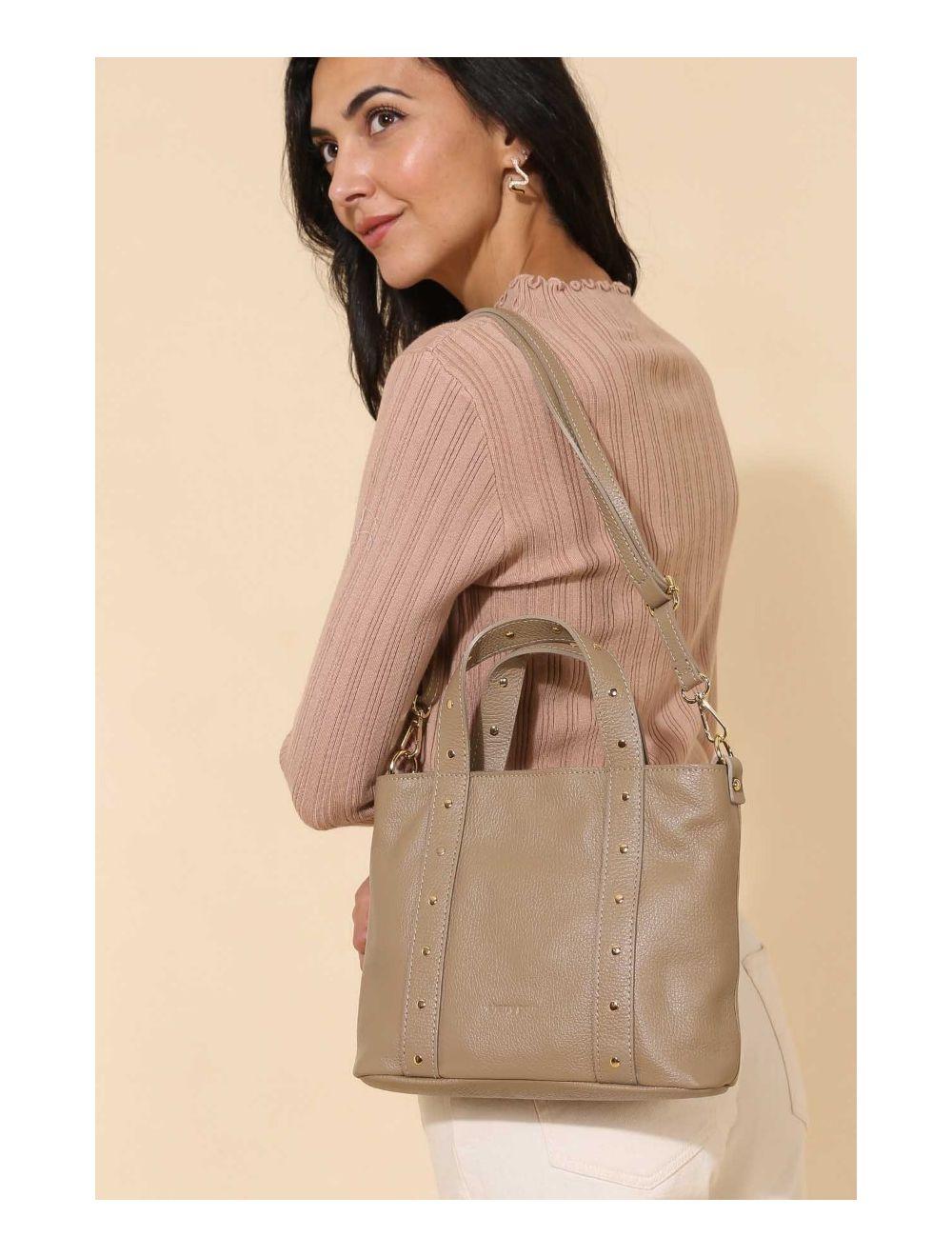 Tom&eva Sac à Main Cloutés En Cuir De Vachette Grainée 4144 AIMEE-Taupe