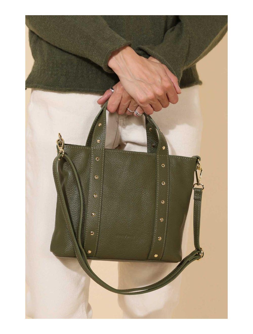 Tom&eva Sac à Main Cloutés En Cuir De Vachette Grainée 4144 AIMEE-Kaki