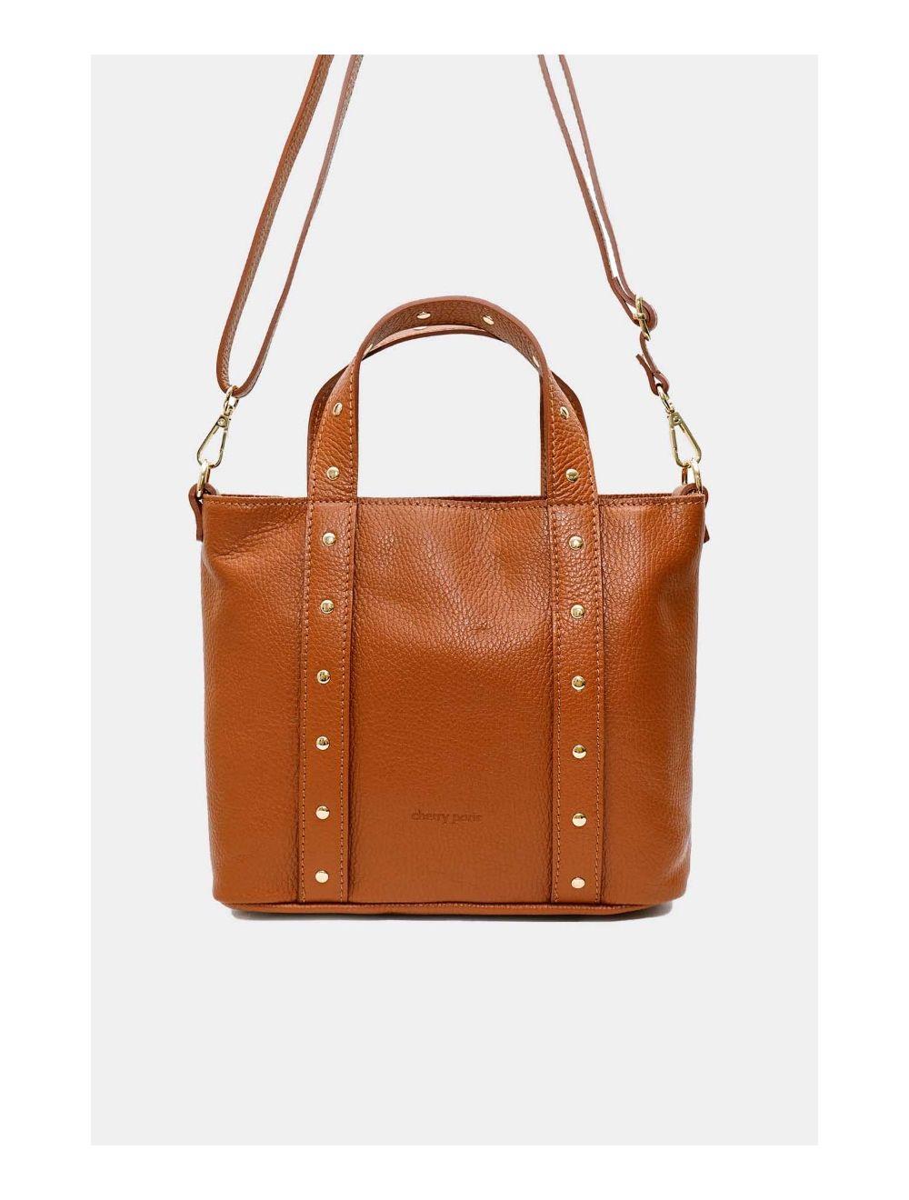 Tom&eva Sac à Main Cloutés En Cuir De Vachette Grainée 4144 AIMEE-Cognac