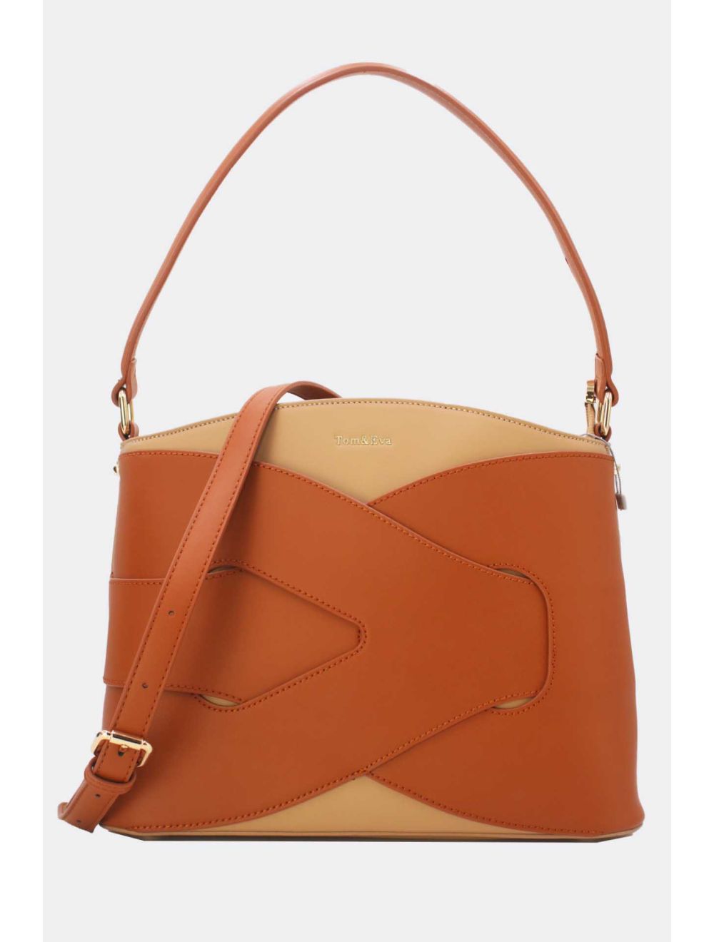 Tom&eva Sac à Main Effet Cuir Lisse Bicolore 24B-5820-Apricot/Brown