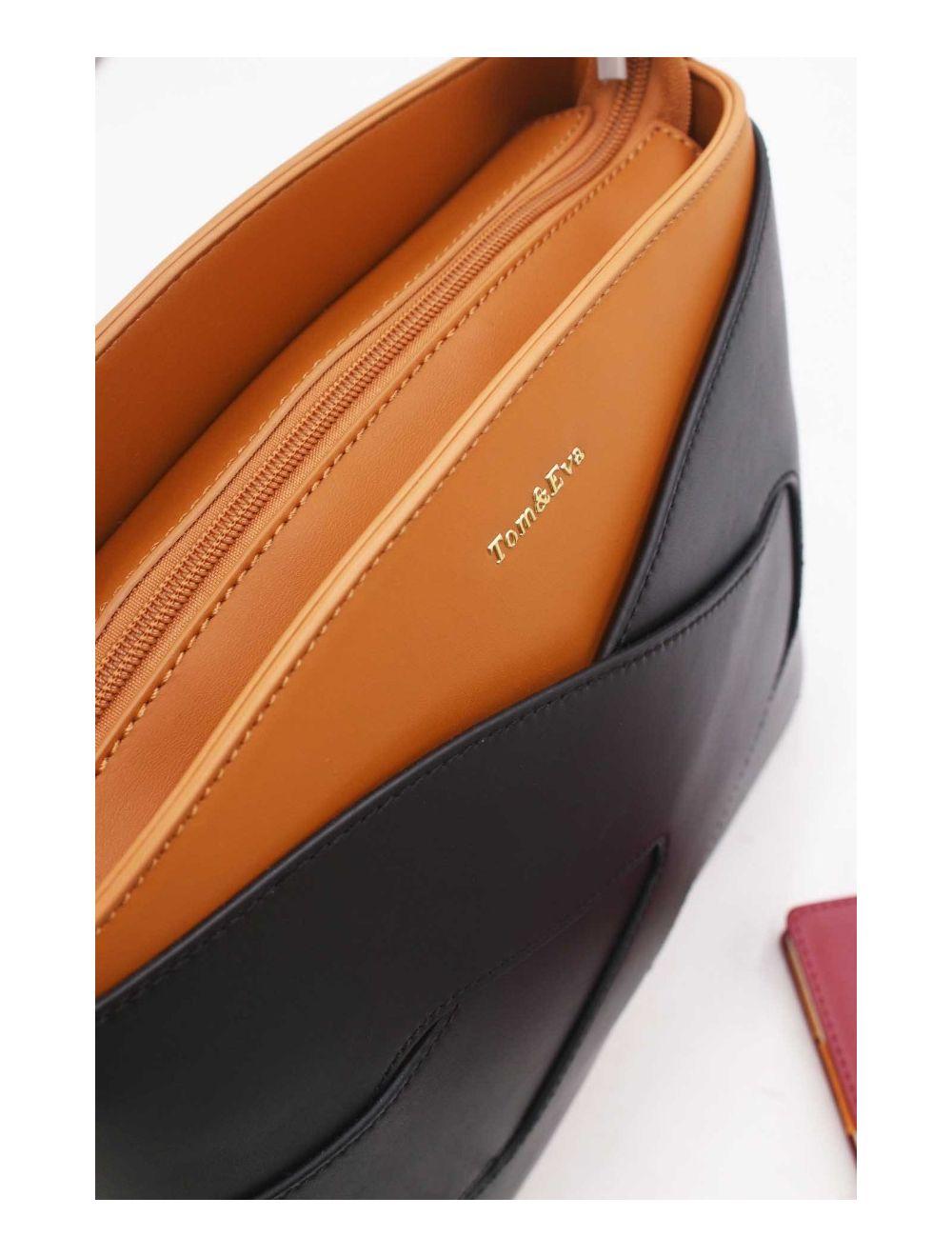 tom&eva Sac à Main Effet Cuir Lisse Bicolore 24B-5820-Camel/Black