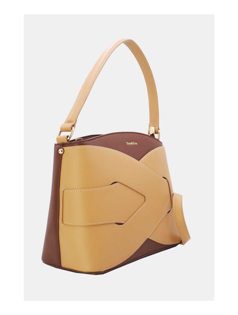 Tom&eva Sac à Main Effet Cuir Lisse Bicolore 24B-5820-Coffee/Apricot