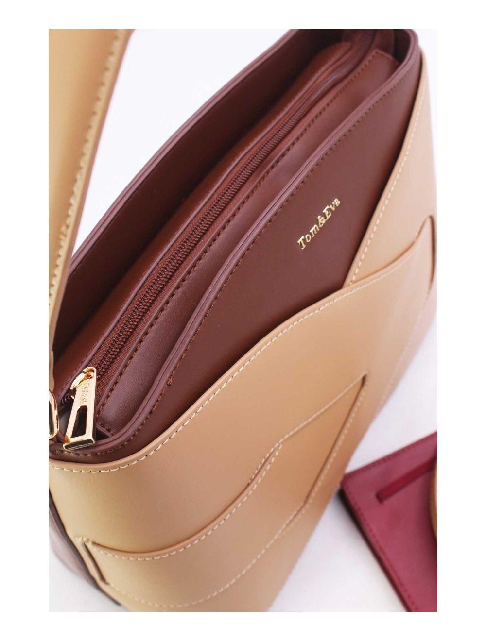 tom&eva Sac à Main Effet Cuir Lisse Bicolore 24B-5820-Coffee/Apricot