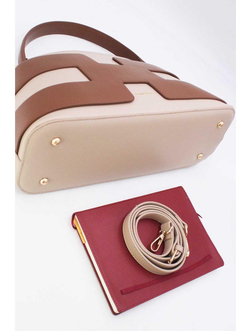 Tom&eva Sac à Main Effet Cuir Lisse Bicolore 24B-5862-Apricot/Coffee