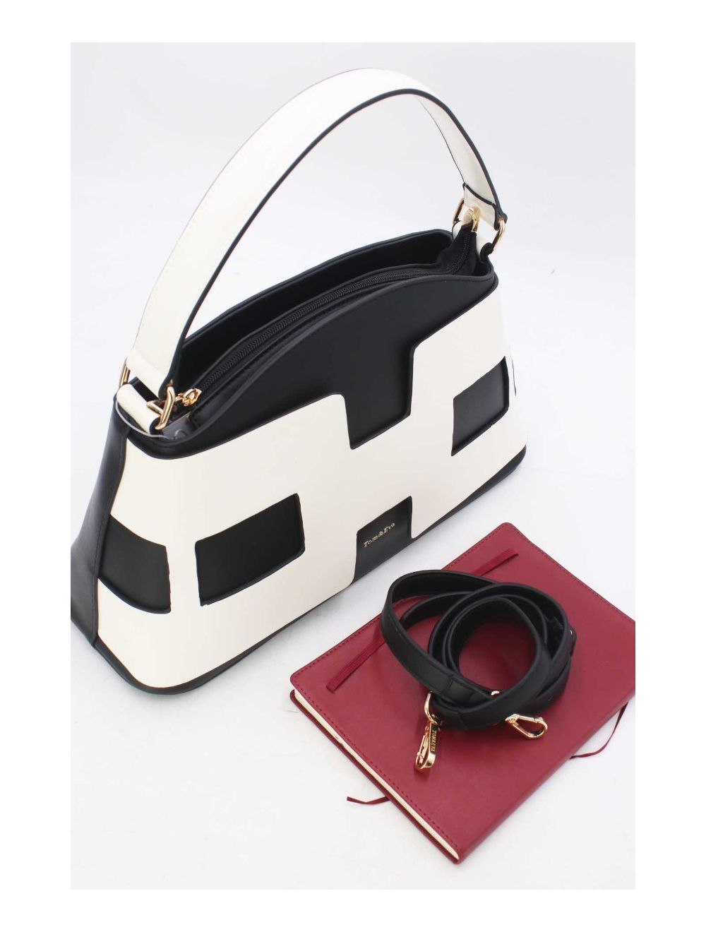 tom&eva Sac à Main Effet Cuir Lisse Bicolore 24B-5862-Black/White