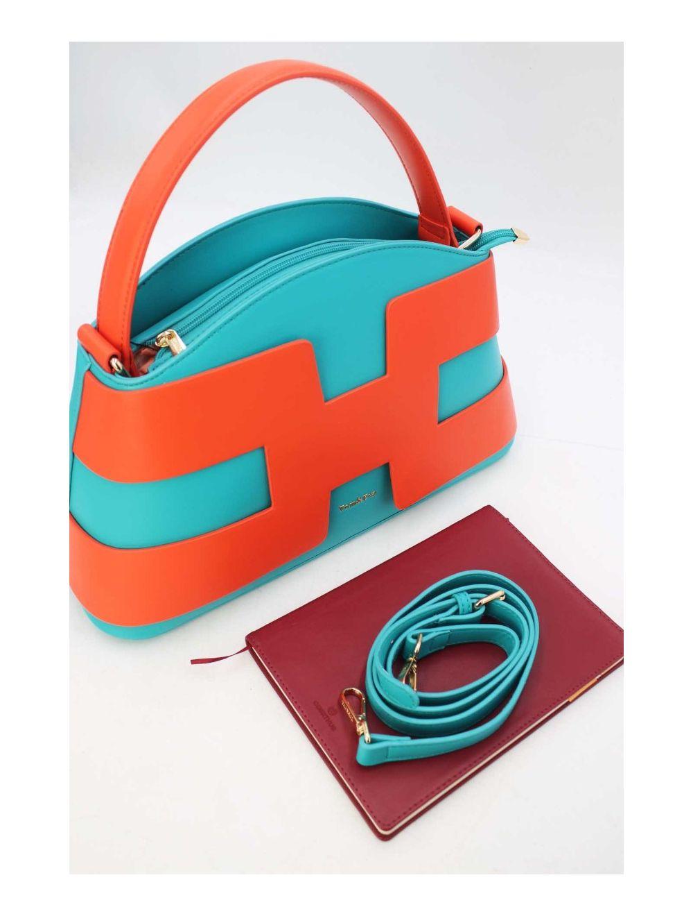 tom&eva Sac à Main Effet Cuir Lisse Bicolore 24B-5862-Blue/Orange