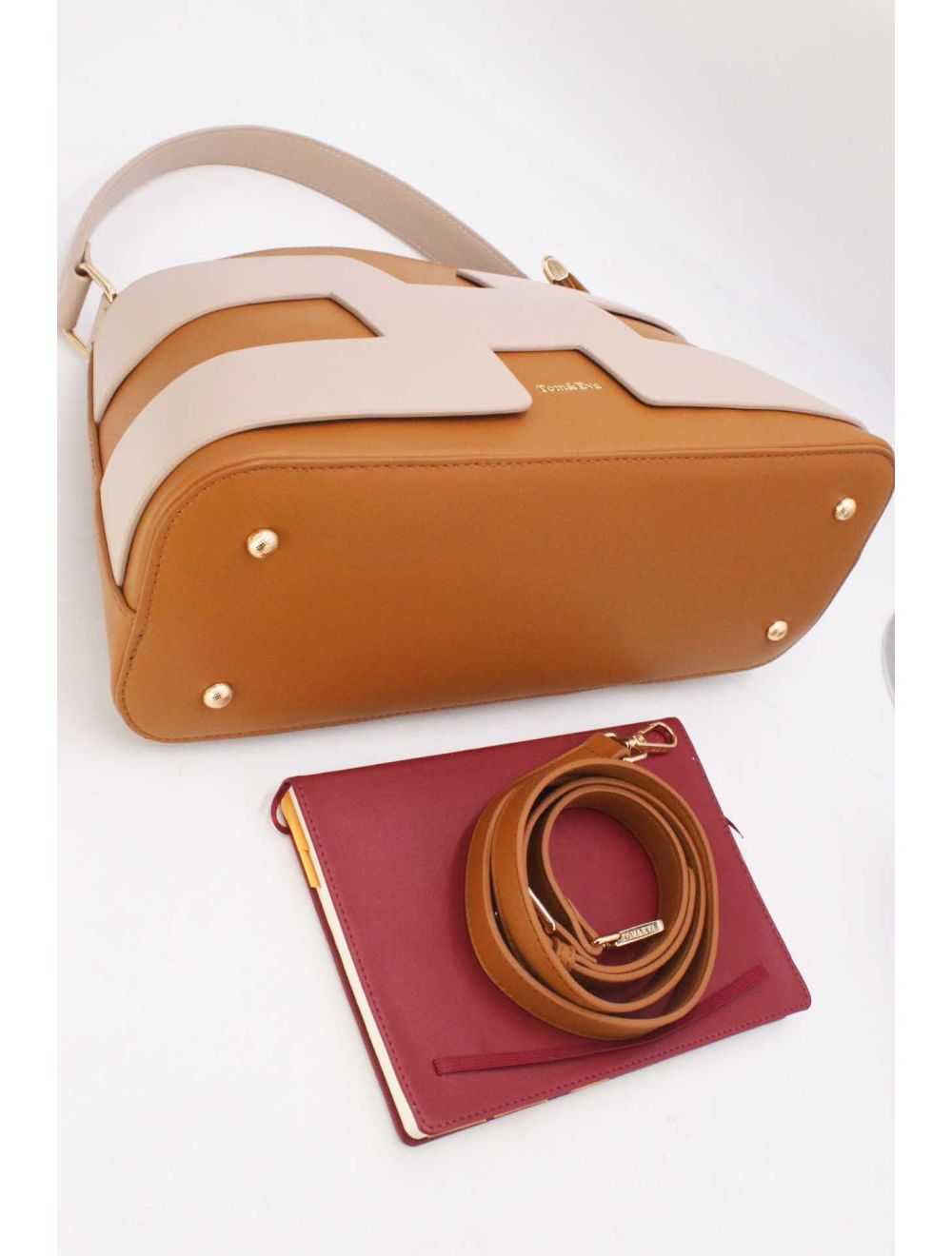 tom&eva Sac à Main Effet Cuir Lisse Bicolore 24B-5862-Brown/Apricot